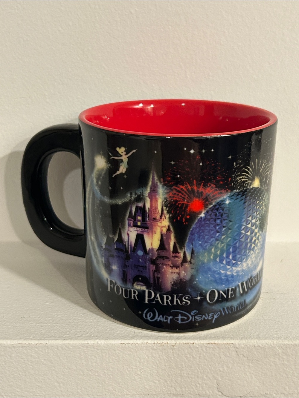 Mickey Four Parks One World Black/Blue/Red Disney Ceramic Coffee Mug 20 oz